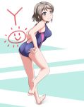 1girl ass blue_eyes blue_swimsuit brown_eyes character_name competition_swimsuit from_behind full_body looking_at_viewer looking_back love_live! love_live!_sunshine!! namakochan one-piece_swimsuit short_hair smile solo swimsuit watanabe_you 