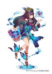  1girl bell black_hair blue_skirt bracelet closed_eyes company_name dmm full_body hand_up hat jewelry jingle_bell leech long_hair mataichi_mataro official_art pearl_bracelet sandals simple_background skirt solo standing tattoo water white_background wide_sleeves yuba_no_shirushi 