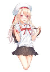  1girl :d backpack bag black_skirt blonde_hair blush cropped_legs fate/kaleid_liner_prisma_illya fate_(series) floating_hair hair_between_eyes hakuishi_aoi hat hat_ribbon illyasviel_von_einzbern long_hair looking_at_viewer miniskirt neck_ribbon open_mouth pleated_skirt red_eyes red_ribbon ribbon sailor_collar school_uniform shirt short_sleeves simple_background skirt smile solo very_long_hair white_background white_hat white_sailor_collar white_shirt 