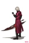  boots clenched_hand coat dante_(devil_may_cry) devil_may_cry gloves hallot highres holding holding_sword holding_weapon looking_at_hand medium_hair red_coat signature simple_background standing sword weapon white_background white_hair 