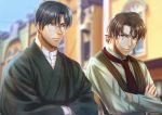  2boys blue_sky blurry blurry_background brown_eyes brown_hair brown_vest city crossed_arms day glasses izumi_(stardustalone) japanese_clothes kimono looking_at_another male_focus multiple_boys necktie original outdoors red_neckwear renri_no_chigiri_wo_kimi_to_shiru shosei sky sweatdrop upper_body vest 