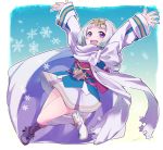  1girl ataka_takeru blue_hair cape dress fire_emblem fire_emblem_heroes full_body gradient_hair long_sleeves multicolored_hair nintendo open_mouth outstretched_arms short_hair snowflakes solo spread_arms tiara violet_eyes white_hair ylgr_(fire_emblem_heroes) 