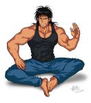  1boy abs ashihana_eiryou barefoot black_eyes black_hair black_shirt blue_pants dated denim full_body hand_up jeans karakuri_circus long_hair lrpanda00 male_focus muscle pants parted_lips shirt sitting smile solo white_background 