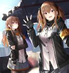  2girls bangs black_legwear blue_sky blush breasts brown_eyes brown_hair cityscape clouds eyebrows_visible_through_hair fingerless_gloves girls_frontline gloves hair_between_eyes hair_ornament hairclip hand_up highres holding_arm hood hooded_jacket jacket long_hair looking_at_viewer multiple_girls neck_ribbon oekakizuki one_side_up open_mouth outdoors pantyhose red_eyes ribbon ruins scar scar_across_eye scarf shirt skirt sky smile twintails ump45_(girls_frontline) ump9_(girls_frontline) white_shirt 