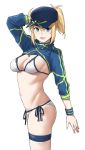  1girl artoria_pendragon_(all) baseball_cap bikini blonde_hair blue_eyes blue_hat breasts cowboy_shot fate/grand_order fate_(series) hat long_hair looking_at_viewer medium_breasts michihasu mysterious_heroine_xx_(foreigner) ponytail shrug_(clothing) side-tie_bikini simple_background solo standing swimsuit white_background white_bikini wristband 