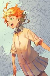  1girl ahoge collared_shirt cowboy_shot emma_(yakusoku_no_neverland) green_eyes hankuri neck_tattoo open_mouth orange_hair pleated_skirt shirt short_hair skirt sleeves_rolled_up smile solo tattoo teeth white_shirt white_skirt yakusoku_no_neverland 