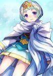  1girl belt blue_hair cape dress feather_trim fire_emblem fire_emblem_heroes gradient gradient_hair jewelry jurge long_sleeves multicolored_hair nintendo open_mouth short_hair simple_background smile solo tiara white_hair ylgr_(fire_emblem_heroes) 