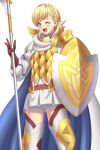  1girl armor blonde_hair braid cape cute fire_emblem fire_emblem_heroes full_body gloves green_eyes holding holding_shield holding_spear holding_weapon intelligent_systems looking_at_viewer nintendo one_eye_closed polearm rere_(yusuke) scale_armor sharena shield simple_background skirt smile solo spear thigh-highs weapon white_background wink 