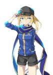  100 1girl absurdres ahoge arm_behind_back artoria_pendragon_(all) baseball_cap black_hat black_shorts blue_eyes blue_jacket blue_scarf cowboy_shot eyebrows_visible_through_hair fate/grand_order fate_(series) hair_between_eyes hat highres holding holding_sword holding_weapon jacket long_sleeves looking_away mysterious_heroine_x scarf short_shorts shorts simple_background sketch solo standing sword weapon white_background 