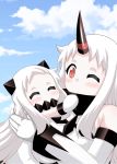  2girls ^_^ claws closed_eyes closed_eyes detached_sleeves horn horns hug kantai_collection long_hair long_sleeves mittens multiple_girls northern_ocean_hime one_eye_closed pale_skin red_eyes ribbed_sweater seaport_hime shinkaisei-kan sweater white_hair yamato_nadeshiko 