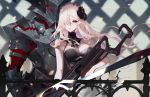  2girls armor bare_shoulders black_dress black_flower blonde_hair blurry blurry_background breasts character_request cleavage commentary_request depth_of_field dress fate/grand_order fate_(series) flower full_armor glowing glowing_eyes gun hair_flower hair_ornament hair_over_one_eye helm helmet holding holding_gun holding_weapon large_breasts long_hair looking_at_viewer mordred_(fate) mordred_(fate)_(all) multiple_girls parted_lips rabbit_(tukenitian) railing sleeveless sleeveless_dress very_long_hair violet_eyes weapon weapon_request 