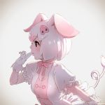  1girl animal_ears artist_name breasts brown_hair cleavage commentary_request eyebrows_visible_through_hair fingers_to_mouth gloves gradient gradient_background hair_ornament hairclip highres kemono_friends lips looking_away neck_ribbon parted_lips pig_(kemono_friends) pig_ears pig_girl pig_tail pink_ribbon profile puffy_short_sleeves puffy_sleeves ribbon short_hair short_sleeves simple_background solo tail takami_masahiro underwear watermark web_address white_background white_gloves white_hair 