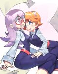  2girls bearthemighty blue_eyes breasts covered_navel freckles glasses hair_over_one_eye hairband half-closed_eyes hand_on_another&#039;s_thigh lavender_hair little_witch_academia long_hair lotte_jansson luna_nova_school_uniform multiple_girls open_mouth orange_hair round_eyewear semi-rimless_eyewear short_hair sitting smile sucy_manbavaran under-rim_eyewear violet_eyes yuri 