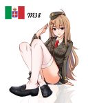  absurdres ahoge beretta_model_38_(girls_frontline) black_footwear blue_eyes breast_pocket breasts brown_hair buckle character_name commentary_request crossed_ankles eyebrows_visible_through_hair eyes_visible_through_hair girls_frontline haidong hair_ornament hairclip hat highres italian italian_flag jacket knees_up loafers long_hair long_sleeves looking_at_viewer military military_hat military_uniform necktie open_mouth pleated_skirt pocket red_neckwear reflection salute shirt shoes sitting skirt strap thigh-highs thighs uniform white_legwear white_shirt 