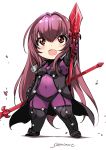  :d bodysuit breasts chibi fate/grand_order fate_(series) gae_bolg hair_intakes highres holding holding_weapon inoue_sora leotard long_hair looking_up open_mouth pauldrons polearm purple_bodysuit purple_hair purple_leotard red_eyes scathach_(fate)_(all) scathach_(fate/grand_order) shoulder_armor signature smile spear weapon white_background 