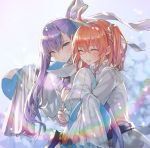  2girls :d ahoge asymmetrical_hair cleavage_cutout closed_eyes fate/grand_order fate_(series) flat_chest fujimaru_ritsuka_(female) grey_eyes grey_ribbon hair_between_eyes hair_ornament hair_ribbon hair_scrunchie hakuishi_aoi hug hug_from_behind jacket long_hair looking_at_viewer meltlilith multiple_girls open_mouth orange_hair orange_scrunchie parted_lips purple_hair ribbon scrunchie shiny shiny_hair side_ponytail sleeves_past_wrists smile standing uniform upper_body very_long_hair white_jacket 