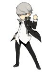  1boy gakuran grey_eyes grey_hair highres houndstooth narukami_yuu official_art persona persona_4 persona_q2:_new_cinema_labyrinth persona_q_(series) ringed_eyes school_uniform shirt solo untucked_shirt yasogami_school_uniform 