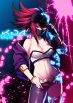  1girl akali artist_name asymmetrical_clothes bandeau bare_shoulders baseball_cap belt belt_buckle blue_eyes bracelet breasts buckle cleavage collarbone covered_mouth face_mask fingerless_gloves gloves glowing glowing_eye hat heterochromia highres idol jacket jewelry k/da_(league_of_legends) k/da_akali league_of_legends looking_at_viewer mask medium_breasts midriff navel neck_ring off_shoulder open_clothes open_jacket paint_splatter ponytail redhead ruzi sidelocks single_glove single_pantsleg single_thighhigh sleeves_pushed_up solo strapless thigh-highs toned ultraviolet_light yellow_eyes 