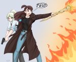  2girls artist_name belt blonde_hair blue_eyes brown_hair denim diana_cavendish dresden_files fire flick-the-thief gun handgun holster jeans jewelry kagari_atsuko little_witch_academia long_coat magic multiple_girls necklace pants pentagram red_eyes speech_bubble wand weapon 