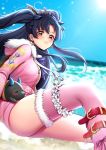  1girl animal black_hair blue_bow blue_ribbon blue_sky bow day diadem earrings fate/grand_order fate_(series) floating_hair fur_trim hair_between_eyes hair_bow highres hood hood_down hooded_sweater ishtar_(fate/grand_order) jewelry long_hair looking_at_viewer neck_ribbon orange_eyes outdoors pink_legwear pink_sweater rewolf ribbon sky sweater thigh-highs twintails very_long_hair 