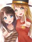  2girls :d bang_dream! bangs blonde_hair blue_eyes blush breasts brown_eyes brown_hair brown_hat brown_shirt collarbone commentary_request eyebrows_visible_through_hair hair_ornament hairclip hat highres index_finger_raised long_hair long_sleeves looking_at_viewer multiple_girls okusawa_misaki open_mouth outstretched_arm red_shirt shirt sin_(sin52y) small_breasts smile striped striped_shirt top_hat tsurumaki_kokoro upper_body very_long_hair 