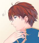  1boy blue_eyes cape eliwood_(fire_emblem) fire_emblem fire_emblem:_rekka_no_ken hair_ornament headband looking_away male_focus messatsu_tan nintendo redhead short_hair simple_background solo 