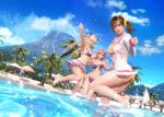  3d 3girls arm_up ass bangs barefoot beach bikini bikini_skirt blonde_hair blue_sky breasts brown_eyes clouds cloudy_sky dead_or_alive dead_or_alive_xtreme hair_ornament hand_holding highres honoka_(doa) interlocked_fingers jacket jewelry jumping large_breasts lips long_hair long_sleeves looking_at_viewer marie_rose medium_breasts misaki_(doa) multiple_girls navel necklace official_art open_clothes open_jacket open_mouth palm_tree parted_lips pink_hair red_eyes see-through shiny side_ponytail sky small_breasts smile swimsuit thighs tree twintails water water_drop 