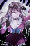  1girl ahoge black_gloves blonde_hair blue_bow blue_eyes bow bowtie breasts choker cleavage collarbone cowboy_shot dangan_ronpa fingerless_gloves floating_hair garter_straps gloves grin hair_between_eyes iruma_miu large_breasts long_hair long_sleeves miniskirt new_dangan_ronpa_v3 one_eye_closed pink_shirt pink_skirt pleated_skirt sailor_collar shirt skirt smile solo very_long_hair white_sailor_collar z-epto_(chat-noir86) 