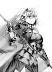  1girl armor armored_dress braid breasts capelet commentary_request fate/apocrypha fate/grand_order fate_(series) faulds gauntlets greyscale headpiece ishida_akira jeanne_d&#039;arc_(fate) jeanne_d&#039;arc_(fate)_(all) large_breasts long_hair monochrome polearm revision single_braid solo weapon 