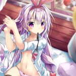  1girl adjusting_hair animal_ears azur_lane balloon bangs bed black_legwear black_ribbon blurry blurry_background blush bow bowtie buttons closed_mouth collarbone commentary_request curtains depth_of_field eyebrows_visible_through_hair fake_animal_ears groin hair_intakes hair_ornament hair_ribbon hairband hobby_(azur_lane) indoors long_hair looking_at_viewer low-tied_long_hair maritaki mouth_hold nail_polish navel no_bra no_pants on_bed open_clothes open_shirt panties pink_eyes pink_nails pink_neckwear pink_panties rabbit_ears ribbon shirt short_sleeves sidelocks silver_hair skindentation solo stomach thigh-highs unbuttoned underwear very_long_hair white_shirt window 