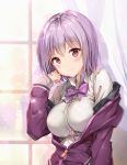  1girl bow breasts button_gap collared_shirt commentary_request eyebrows_visible_through_hair highres jacket large_breasts lavender_hair off_shoulder purple_bow purple_jacket purple_neckwear revision shinjou_akane shirt short_hair sleeves_past_wrists solo ssss.gridman taro_(ultrataro) uniform white_shirt zipper_pull_tab 