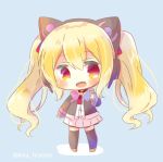  1girl :d animal_ears azur_lane bangs black_jacket black_legwear blonde_hair blue_background blush brown_footwear candy cat_ear_headphones cat_ears chibi commentary_request concord_(azur_lane) eyebrows_visible_through_hair fake_animal_ears fang food full_body hair_between_eyes headphones holding holding_food holding_lollipop jacket kouu_hiyoyo lollipop long_hair long_sleeves lowres open_clothes open_jacket open_mouth pleated_skirt red_eyes shirt skirt smile solo standing thigh-highs twintails twitter_username very_long_hair white_shirt white_skirt 