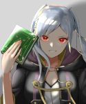  1girl book cape female_my_unit_(fire_emblem:_kakusei) fire_emblem fire_emblem:_kakusei hood long_hair looking_at_viewer mamkute my_unit_(fire_emblem:_kakusei) nintendo open_mouth red_eyes robe robin simple_background smile spoilers super_smash_bros. super_smash_bros._ultimate tpicm twintails white_hair 