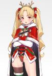  1girl adapted_costume bangs blonde_hair blush breasts cape christmas crossed_arms earrings ereshkigal_(fate/grand_order) fate/grand_order fate_(series) jewelry leotard long_hair long_sleeves looking_at_viewer open_mouth parted_bangs pop_kyun red_cape red_eyes red_leotard red_ribbon ribbon simple_background single_thighhigh solo strapless strapless_leotard thigh-highs tiara tohsaka_rin two_side_up white_background 