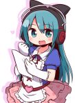  1girl :d bangs black_bow blue_eyes blue_hair blue_shirt blush bow collarbone collared_shirt commentary_request copyright_request elbow_gloves eyebrows_visible_through_hair frilled_gloves frills gloves hair_between_eyes hair_bow headphones heart heart_print layered_skirt long_hair looking_at_viewer naga_u neck_ribbon open_mouth pink_skirt print_skirt puffy_short_sleeves puffy_sleeves red_ribbon ribbon shadow shirt short_sleeves skirt smile solo upper_teeth very_long_hair white_background white_gloves 