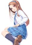  1girl black_legwear brown_hair eyebrows_visible_through_hair eyes_visible_through_hair hairband idolmaster loafers long_hair long_sleeves looking_at_viewer minase_iori miri_(ago550421) necktie open_mouth plaid plaid_hairband plaid_neckwear plaid_skirt red_eyes rough_time_school school_uniform shoe_soles shoes signature sitting skirt socks solo yokozuwari 