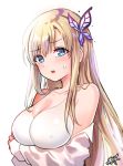  1girl bangs bare_shoulders black_bra blonde_hair blue_eyes blush boku_wa_tomodachi_ga_sukunai bra breasts butterfly_hair_ornament cleavage collarbone commentary_request covered_nipples eyebrows_visible_through_hair hair_between_eyes hair_ornament head_tilt kashiwazaki_sena kuri_choko large_breasts long_hair off_shoulder parted_lips shirt signature simple_background solo sweat underwear upper_body very_long_hair white_background white_shirt 