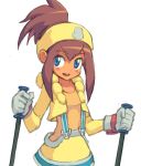  1girl blue_eyes blush brown_hair child cowboy_shot cropped_jacket gloves hair_between_eyes headband high_ponytail long_hair nameshida_ai open_mouth rockman ryuusei_no_rockman ryuusei_no_rockman_2 simple_background ski_pole smile solo white_background white_gloves yellow_headband yuusuke_(5yusuke3) 