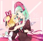  2girls adapted_costume black_gloves blonde_hair blue_eyes bow choker commentary dated doll english food front_ponytail gloves green_eyes green_hair hair_bow hair_ribbon kagiyama_hina long_hair looking_at_viewer medicine_melancholy mito_tsubaki multiple_girls pocky pocky_day pocky_kiss puffy_short_sleeves puffy_sleeves red_bow red_ribbon ribbon shared_food short_hair short_sleeves signature sleeveless su-san touhou yuri 