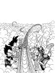  4boys ^_^ armor beerus black_hair chopsticks closed_eyes closed_eyes clouds cloudy_sky commentary_request d: dougi dragon_ball dragon_ball_super dragonball_z eating egyptian_clothes facing_away from_above gloves highres lee_(dragon_garou) male_focus monochrome multiple_boys open_mouth outdoors outstretched_arm plate profile short_hair sitting sky snake_way son_gokuu spiky_hair table vegeta whis 