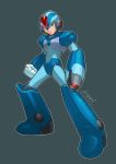  1boy android arm_cannon clenched_hand full_body gloves green_eyes grey_background helmet hi-go! male_focus official_style rockman rockman_x rockman_x8 serious signature simple_background solo standing weapon white_gloves x_(rockman) 