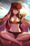  1girl absurdres arm_behind_back bare_shoulders beach bikini black_hair breasts coconut collarbone crossed_ankles day dolce_(dolsuke) fate/grand_order fate_(series) food frilled_bikini frills fruit grin hair_between_eyes hat headphones headphones_around_neck highres holding holding_food jacket light_particles long_hair looking_at_viewer medium_breasts navel ocean oda_nobunaga_(fate) off_shoulder outdoors palm_leaf peaked_cap red_eyes sand shade sitting smile solo stomach swimsuit 