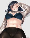  1girl alternate_costume bangs black_legwear blue_bra blue_eyes blue_hair blush bra breasts commentary_request crotch_seam eyebrows_visible_through_hair grey_background hair_between_eyes juurouta kantai_collection large_breasts long_hair long_sleeves looking_at_viewer lying navel on_back one_eye_closed open_mouth panties panties_under_pantyhose pantyhose simple_background solo souryuu_(kantai_collection) sweater under_boob underwear white_sweater 