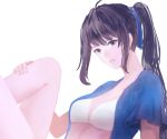  1girl bangs bare_legs black_hair blue_shirt bra hand_on_own_leg head_tilt knee_up light_smile long_hair looking_away open_clothes open_shirt original ponytail sakimori_(hououbds) shirt simple_background sitting solo underwear upper_body white_background white_bra zipper 