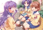  3girls antenna_hair bench black_legwear blue_hair blue_skirt book brown_eyes brown_hair cherry_blossoms clannad commentary_request fujibayashi_kyou furukawa_nagisa hair_bobbles hair_ornament hair_ribbon hikarizaka_private_high_school_uniform ichinose_kotomi kneehighs long_hair misaki_juri multiple_girls pleated_skirt purple_hair ribbon sailor_collar short_hair sitting skirt socks two_side_up violet_eyes white_sailor_collar 