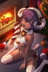  1girl :d announ_(kurotya) bangs bare_arms bare_shoulders bell blush breasts christmas_ornaments christmas_stocking christmas_tree commentary_request crop_top dark_skin eyebrows_visible_through_hair fate/grand_order fate/prototype fate/prototype:_fragments_of_blue_and_silver fate_(series) fingernails fire fireplace flower fur_collar glint hair_between_eyes hand_up hassan_of_serenity_(fate) highres holding horns indoors kunai looking_at_viewer merry_sheep navel no_shoes open_mouth panties purple_hair red_flower ribbon-trimmed_legwear ribbon_trim sheep_horns sidelocks sitting small_breasts smile solo thigh-highs under_boob underwear violet_eyes wariza weapon white_legwear white_panties wool yarn yarn_ball 
