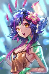  1girl absurdres bibiko blue_hair breasts cleavage flower hair_flower hair_ornament highres league_of_legends lipstick lizard_girl looking_at_viewer makeup mascara multicolored_hair neeko_(league_of_legends) open_mouth purple_hair sideboob slit_pupils tank_top two-tone_hair yellow_eyes 