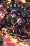  1girl black_hair card celestia_ludenberck coin dangan_ronpa drill_hair earrings fire gothic_lolita hairband highres jewelry knife lolita_fashion lolita_hairband looking_back playing_card poker_chip qosic red_eyes roulette solo twin_drills 