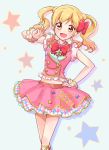  1girl :d aikatsu!_(series) aikatsu_stars! blonde_hair blush bow brown_eyes commentary cowboy_shot eyebrows_visible_through_hair gradient_hair hair_bow hand_on_hip idol long_hair looking_at_viewer multicolored_hair navel nijino_yume open_mouth pink_hair quro_(black_river) shadow skirt sleeveless smile solo star twintails wrist_cuffs 