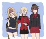  bangs black_hat black_jacket black_shirt black_skirt blonde_hair blue_background blue_eyes blue_shorts braid brown_eyes brown_hair brown_jacket closed_mouth commentary cowboy_shot cup darjeeling denim denim_shorts epaulettes eyebrows_visible_through_hair facing_viewer frown garrison_cap girls_und_panzer hair_intakes hat head_tilt holding holding_cup holding_saucer jacket jitome kay_(girls_und_panzer) kuromorimine_military_uniform long_hair long_sleeves looking_away messy_hair midriff military military_hat military_uniform miniskirt nishizumi_maho off_shoulder open_clothes open_jacket open_mouth pleated_skirt red_jacket red_shirt red_skirt saliva saucer saunders_military_uniform shaded_face shirt short_hair short_shorts short_sleeves shorts simple_background skirt sparkle st._gloriana&#039;s_military_uniform standing t-shirt teacup thigh-highs tied_hair torinone uniform unkempt untucked_shirt white_legwear 